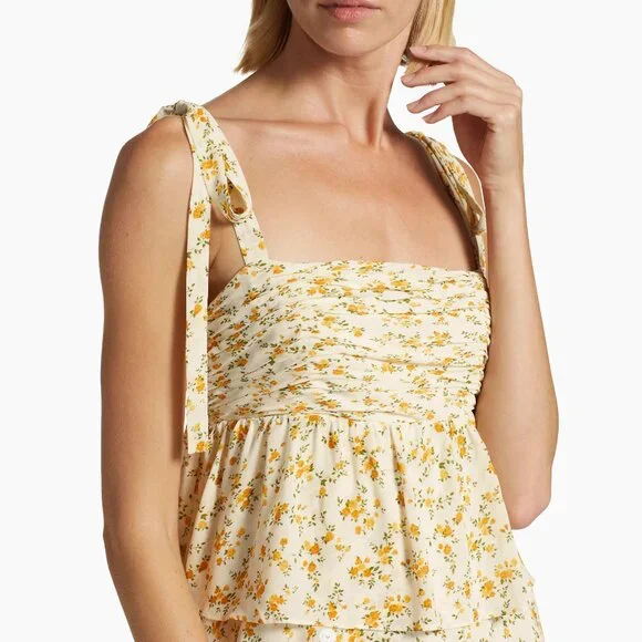 Reformation Avni Ruched Babydoll Mini Dress - White & Yellow Floral Print - XL - Picture 7 of 16